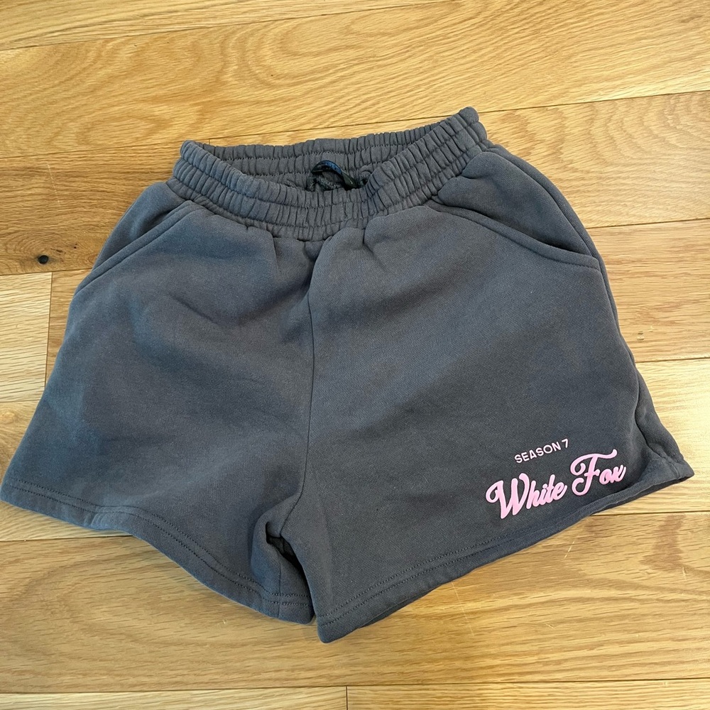 White Fox Boutique Gray Lounge Shorts with Pink Logo